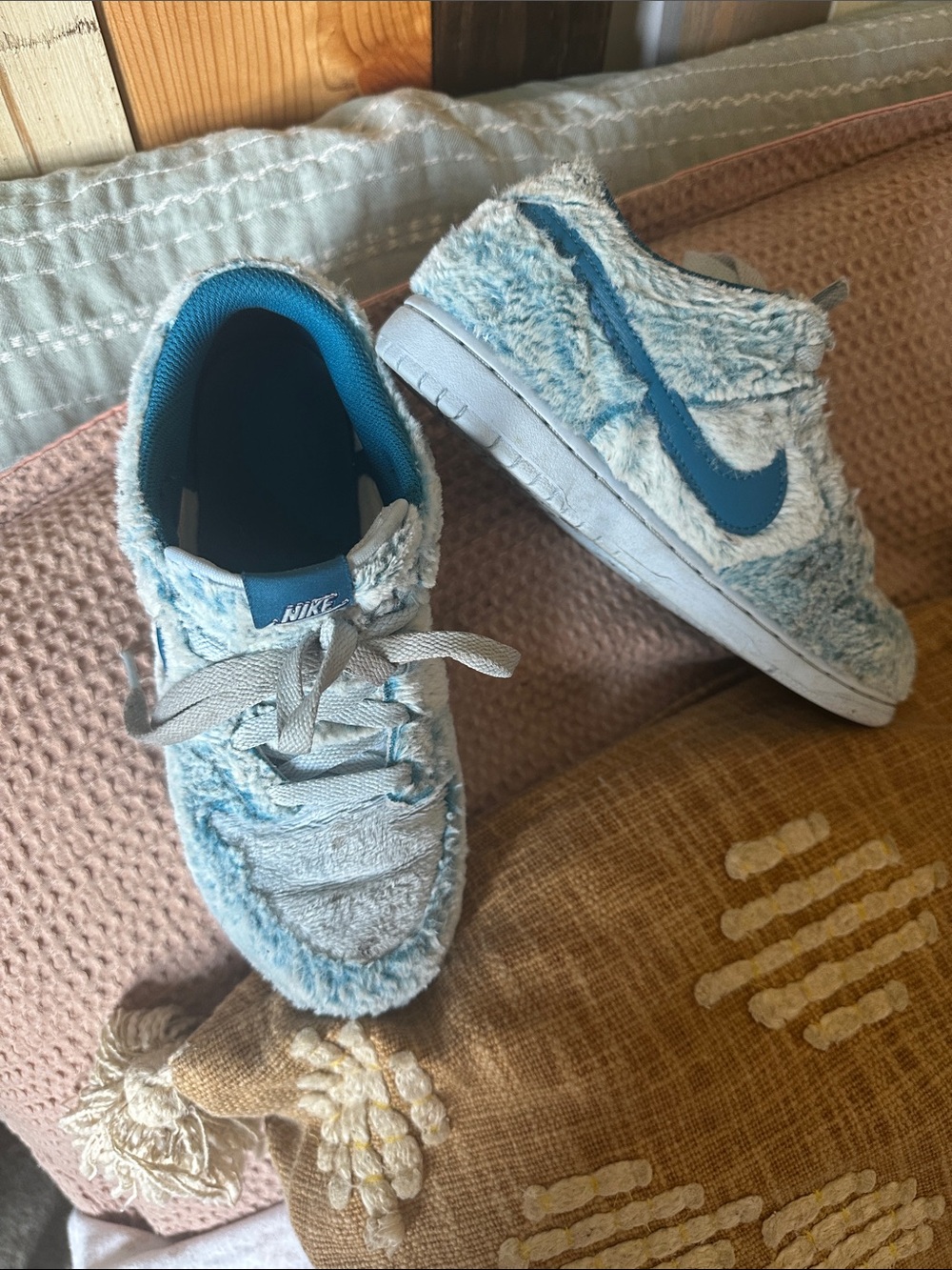 Nike Kids Light Blue Fuzzy Sneakers with Blue Swoosh